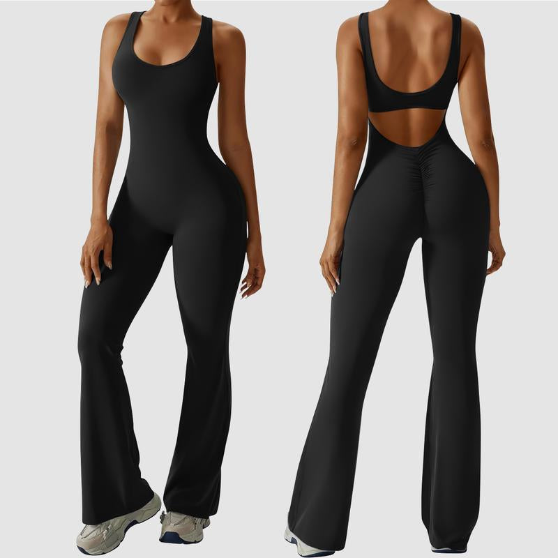 OYV Women Workout Scrunch Flare Jumpsuits Sexy Backless Butt Lift Gym Yoga Jumpsuits