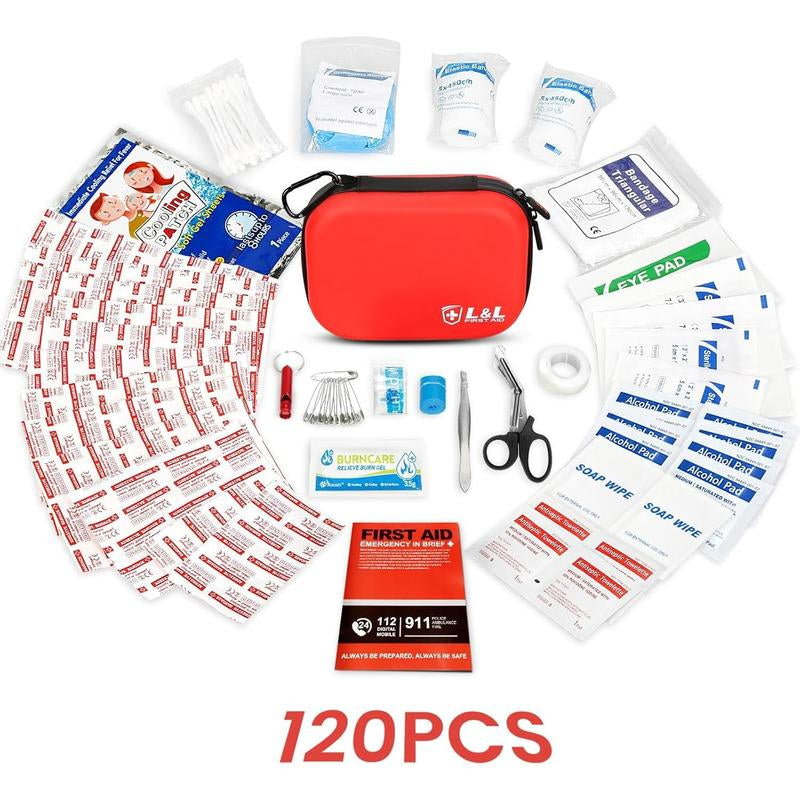 120-Piece First Aid Kit for Travel,Car & Emergency Survival - Compact Waterproof Medical Supplies with Trauma Bandages,Burn Gel & Fever Cooling Patch | Portable for Camping,Hiking,Sports(Red)