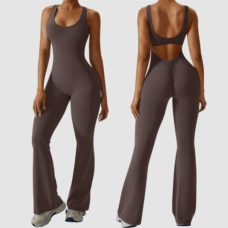 OYV Women Workout Scrunch Flare Jumpsuits Sexy Backless Butt Lift Gym Yoga Jumpsuits