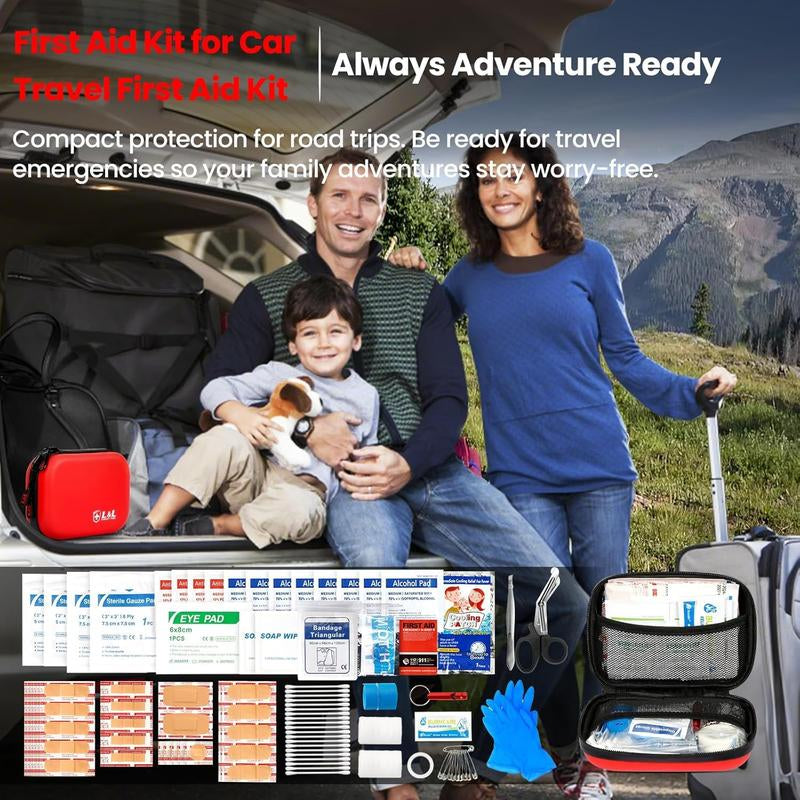 120-Piece First Aid Kit for Travel,Car & Emergency Survival - Compact Waterproof Medical Supplies with Trauma Bandages,Burn Gel & Fever Cooling Patch | Portable for Camping,Hiking,Sports(Red)