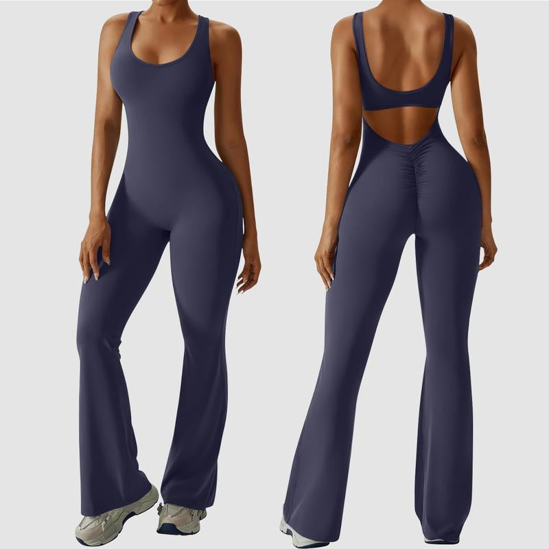 OYV Women Workout Scrunch Flare Jumpsuits Sexy Backless Butt Lift Gym Yoga Jumpsuits